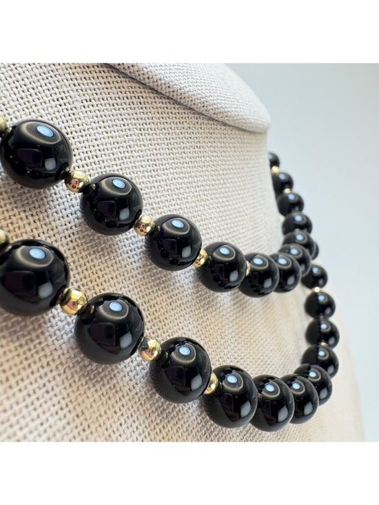 Black Onyx Vintage 7mm Alternating 10K Gold Bead Necklace No Clasp 20" Length - Picture 5 of 10